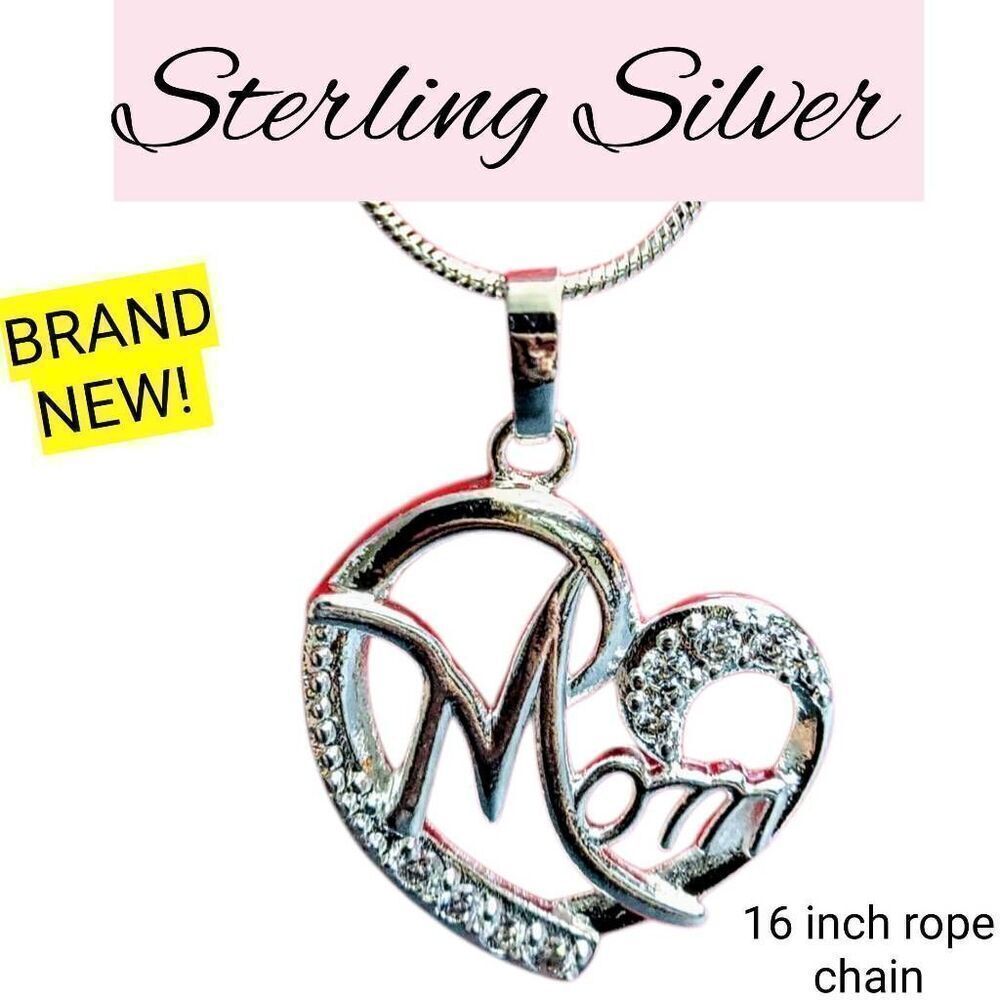 Mom Mother Sterling Silver 925 Heart Gem Pendant on Snake Rope Chain Necklace